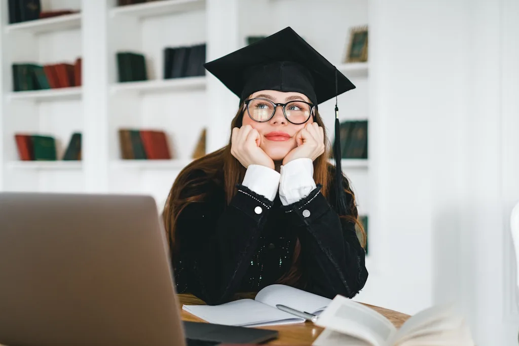 Doktorandin mit Abschlusskappe und Brille sitzt nachdenklich vor Laptop und Büchern – Internationale Promotionsberatung